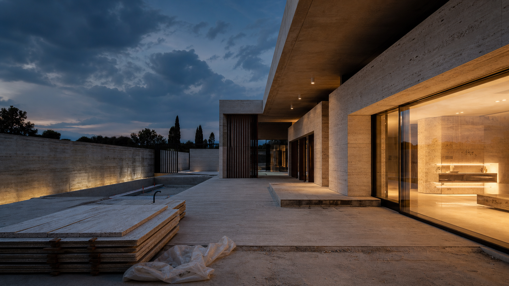 Architettura contemporanea in pietra e calcestruzzo al tramonto, immagine dimostrativa
